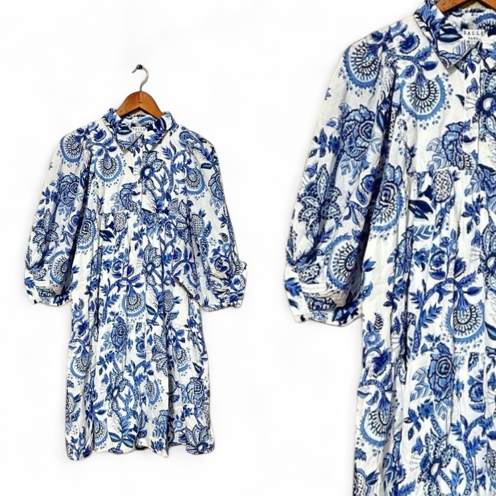 Saule Parc Womens Puff Sleeve Boho Dress Blue White Size Large
